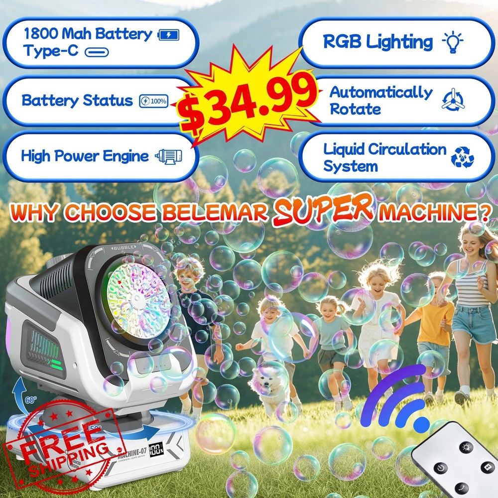 Belemar Rechargeable Bubble Machine w/ Remote, RGB Lights, Auto Rotation