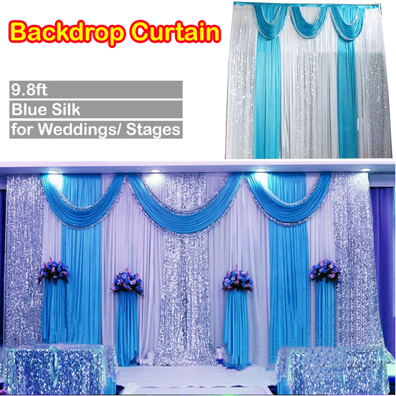 3m Three Fold Blue Wedding Stage Silk Fabric Backdrop Party Drapes Curtain 9.8ft