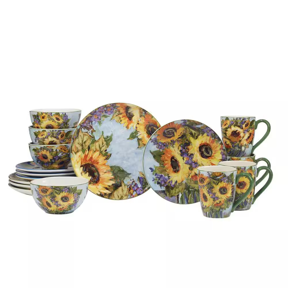 Sunflower Bouquet 16-Piece Multi-Colored Earthenware Dinnerware Set Service for
