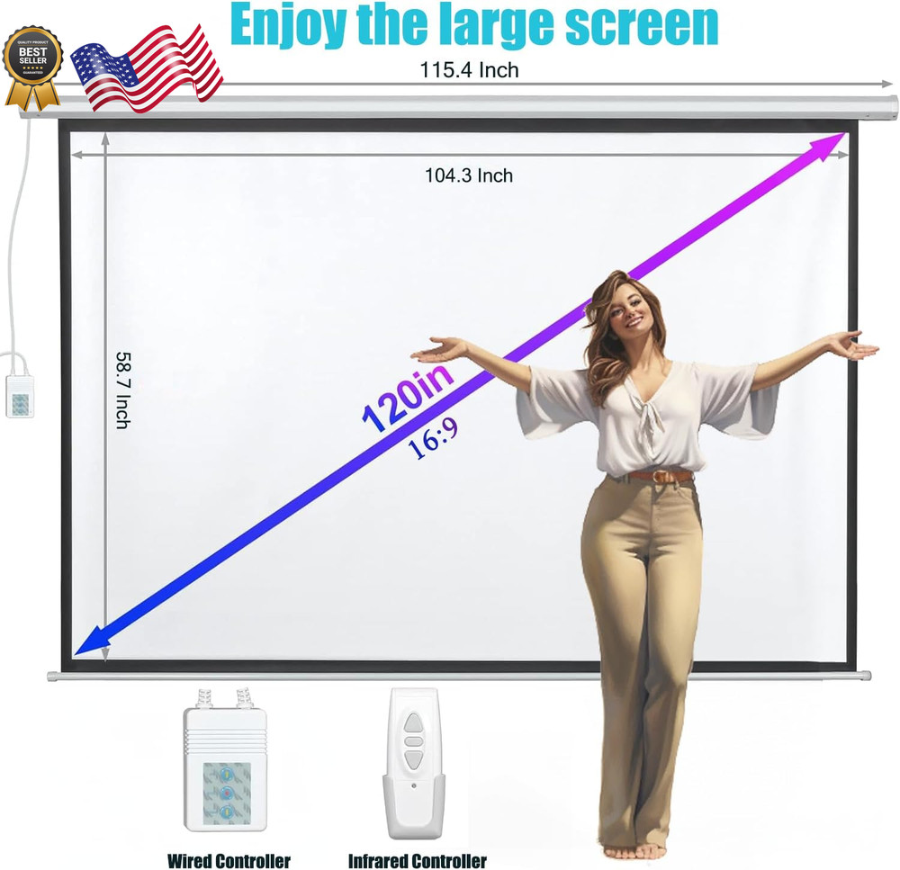 120" Motorized Projector Screen Electric 16:9 Projector Screen with Remote