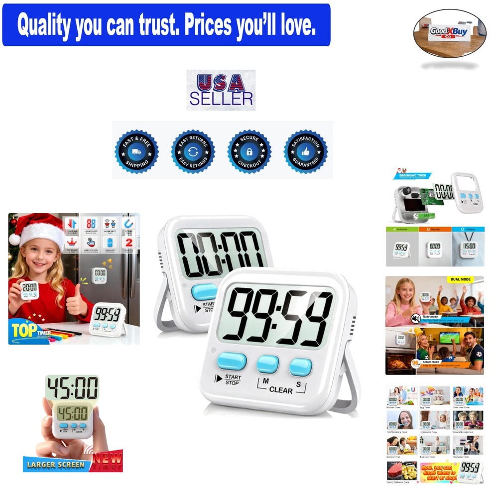 2 Pack Digital Kitchen Timers Loud/ Silent Countdown Egg Kids Classroom