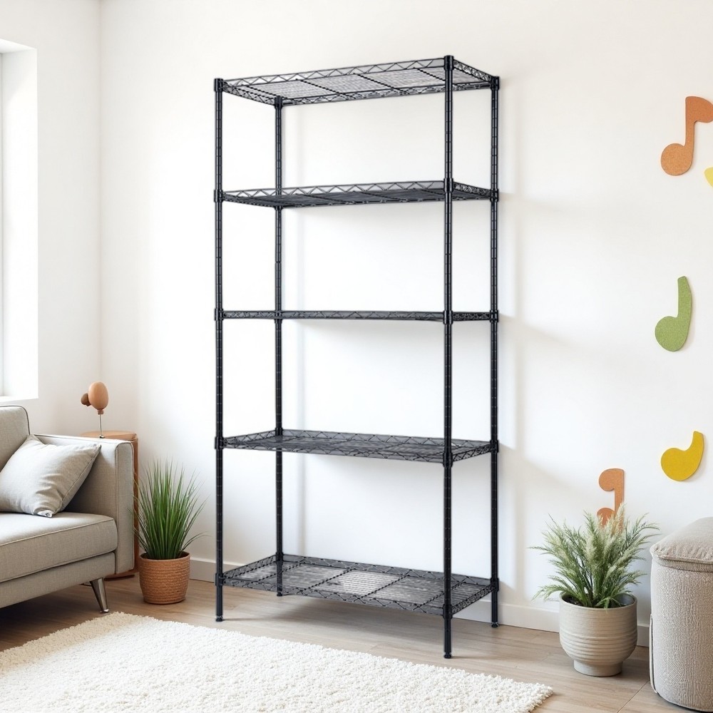 5-Tier Wire Shelving Unit - Adjustable, Black & Modular Kitchen Storage Rack