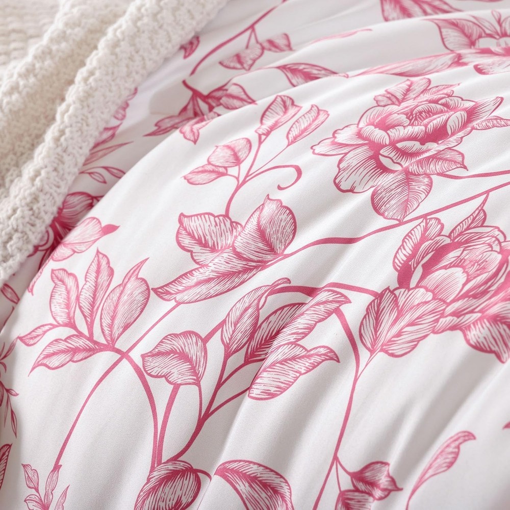 JANZAA Queen Size Comforter Set Pink Comforter Floral Peony Pattern Bedding S...