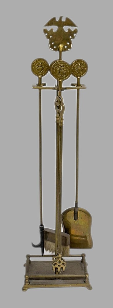 Vintage U.S. Navy Cast Brass Fireplace Tool Set::4 Tools + Stand::Nice