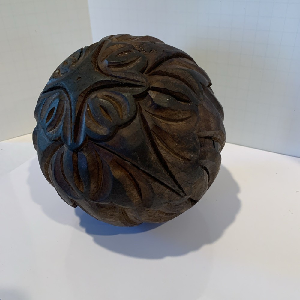 Primitive Hand Carved Solid Wood Sphere 6.5” Diameter Heavy