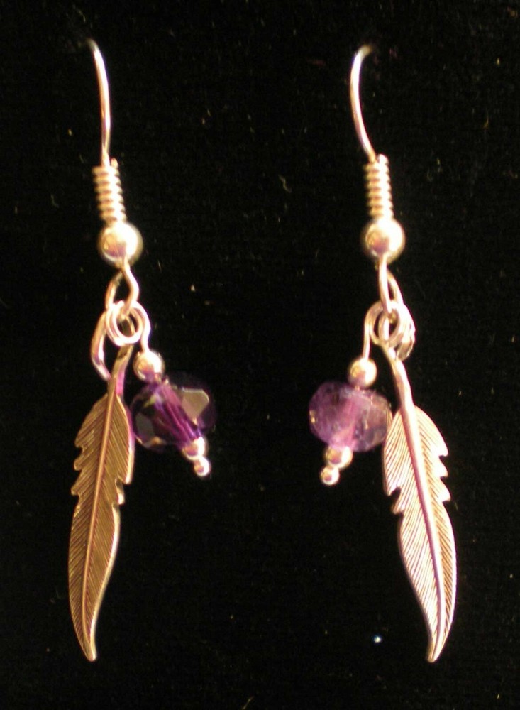 Amethyst Sterling Silver Feather Earrings e165