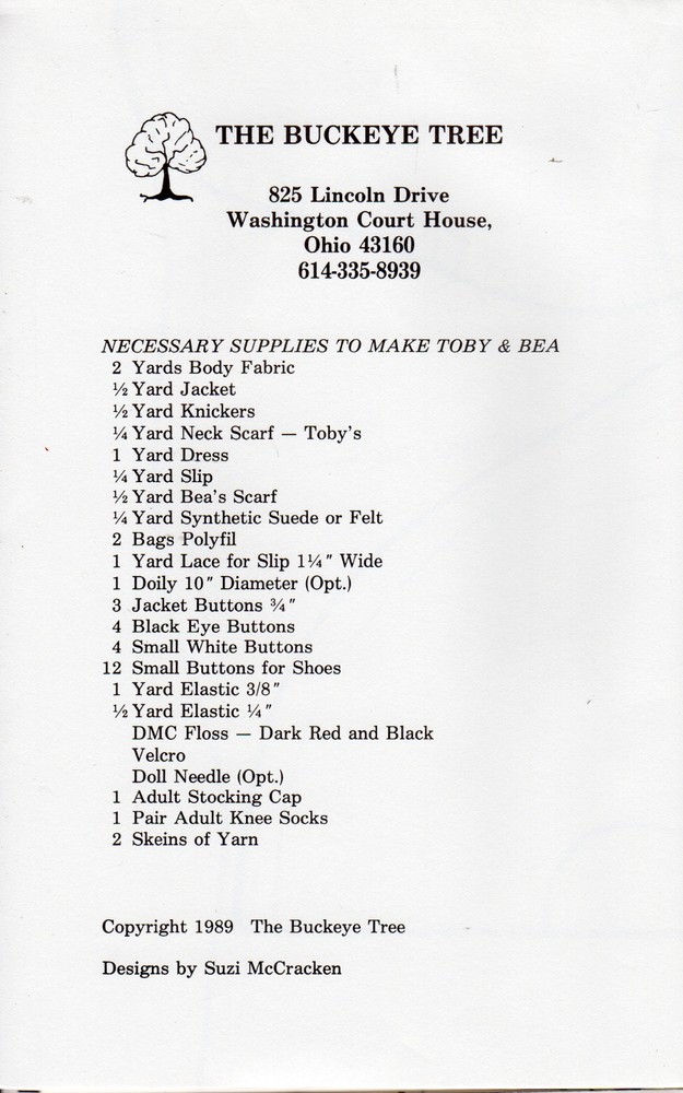 ©1989 UNCUT Buckeye Tree Sewing Dollmaking Pattern # 110 "Toby & Bea" Countrykin