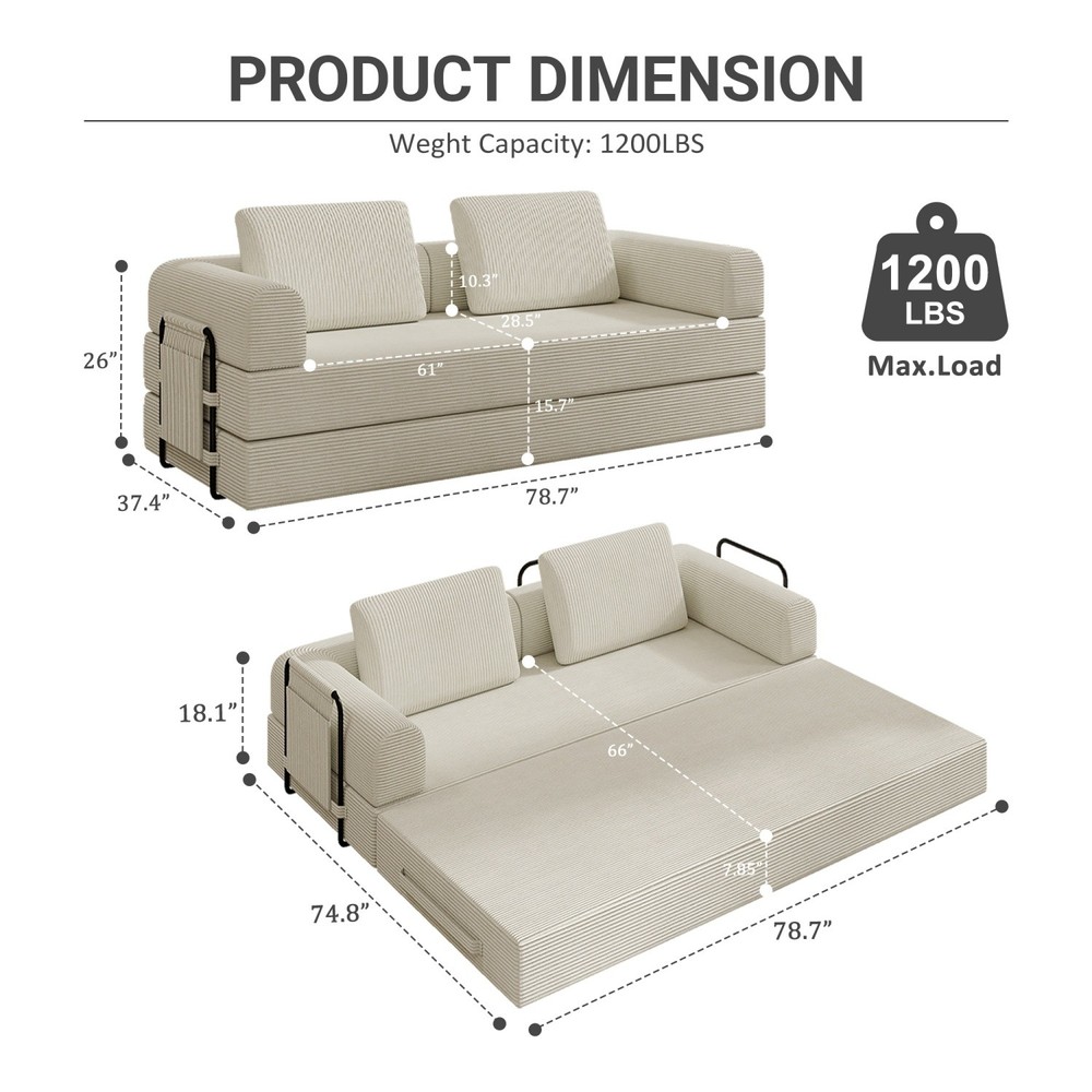 Modern Compression Sofa Folding Sleeper Sofa Bed Floor Couch w/ Sturdy Frame