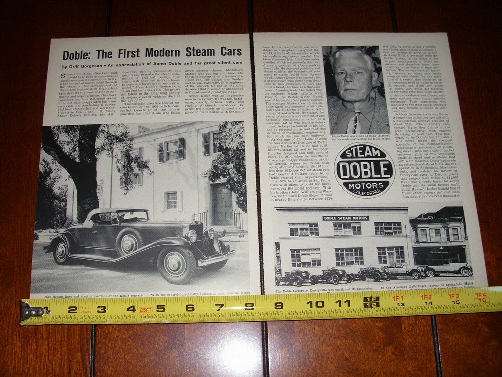 DOBLE STEAM CAR - ORIGINAL 1962 ARTICLE