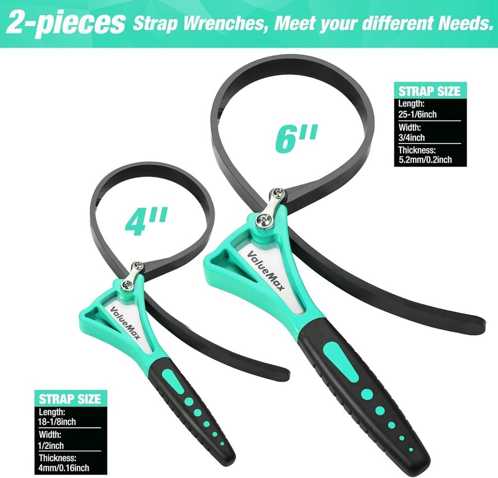 High Torque Strap Wrench Set - Adjustable 4" & 6" Wrenches for Home & Auto