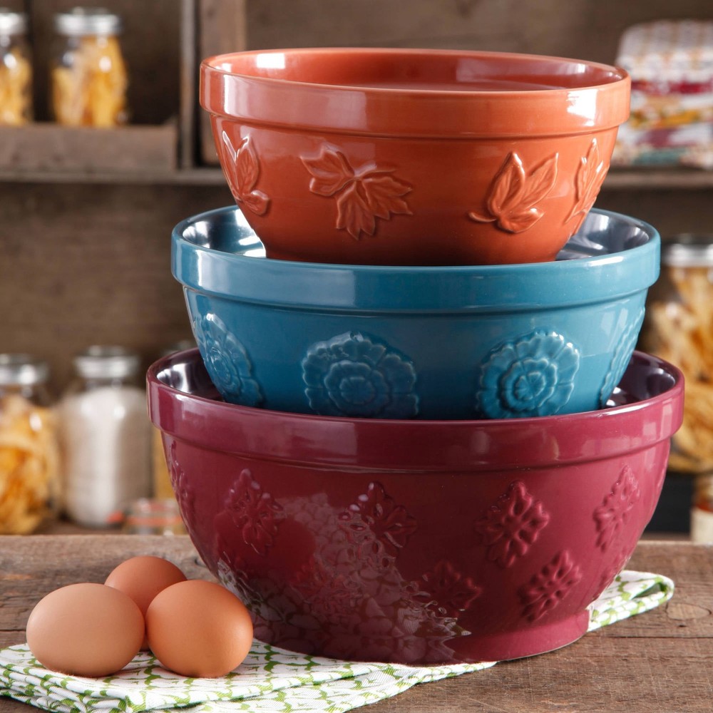 Ceramic Mixing Bowl Set 3 Piece W/ Nesting & Durable Design New