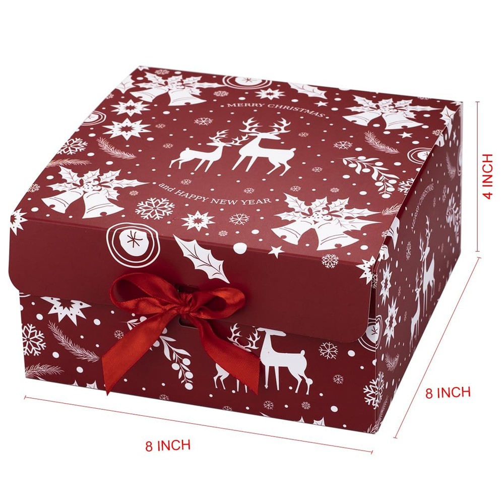 Christmas Gift Boxes with Lids 9 Pack Red Ribbon Themed Pattern Small Presents