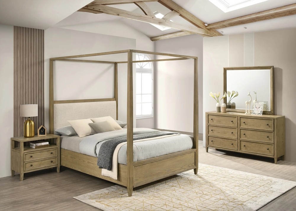 NEW 4PC Canopy Natural Rustic Brown Queen King Platform Bedroom Set Bed/D/M/N