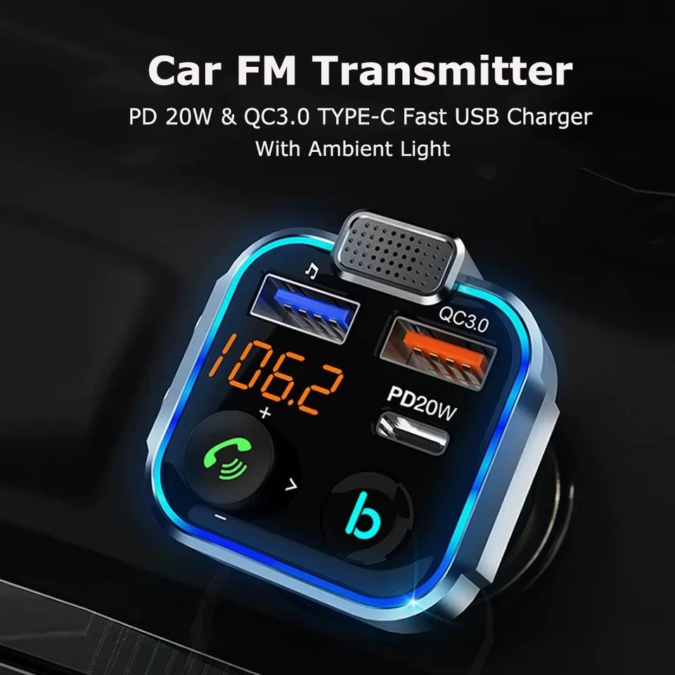Bluetooth 5.0 Car Wireless FM Transmitter Adapter 2 USB PD Charger AUX