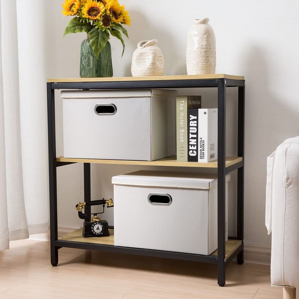 Large Stackable Storage Bins with Lids [3-Pack] Leather Fabric Foldable Stora...