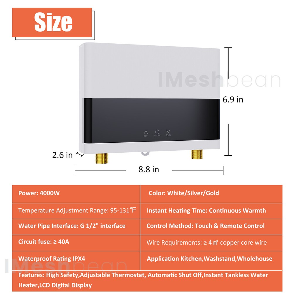 4000W Electric Instant Water Heater Tankless Kitchen Shower W/Touch & RC