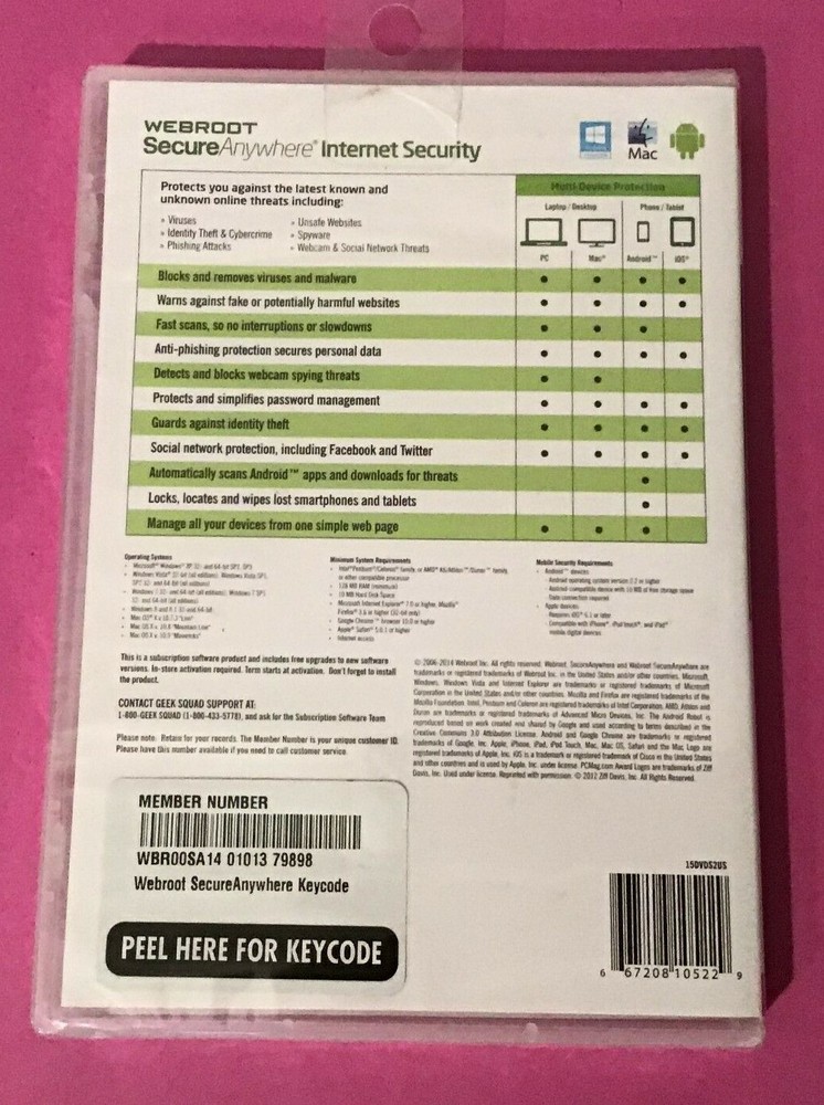 Webroot Internet Security for PC Mac and Mobile (Android and iOS) NEW SRP $49.99