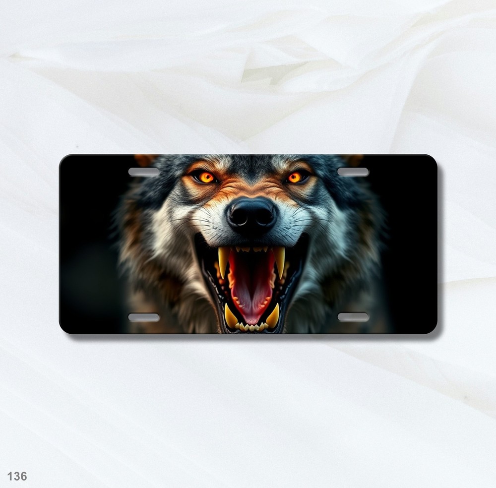 Aggressive Wolf License Plate with Sharp Teeth Optional Text Decorative Plate Bi