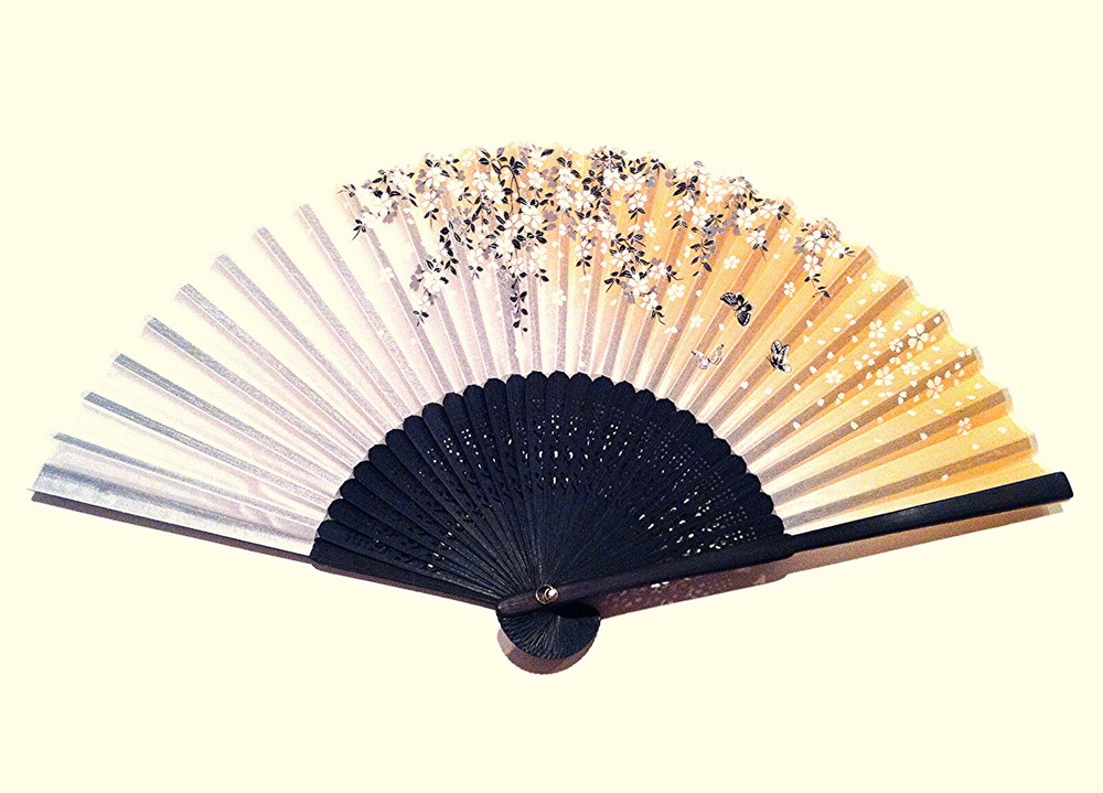 Chinese Bamboo Hand Folding Fan with Printed Cherry Blossom Flower Pattern