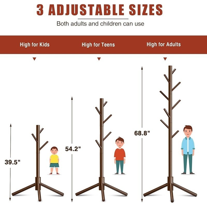 Wooden Coat Rack 8 Hooks Adjustable Height Easy Assembly Freestanding Storage US
