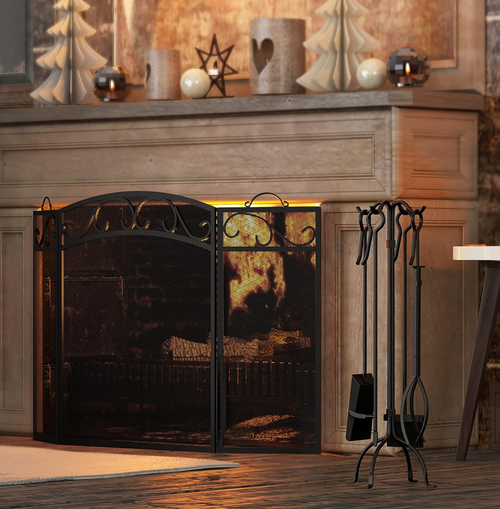 5-Piece Fireplace Tools Set, Heavy Duty Wrought Iron Fire Place Toolset, Black
