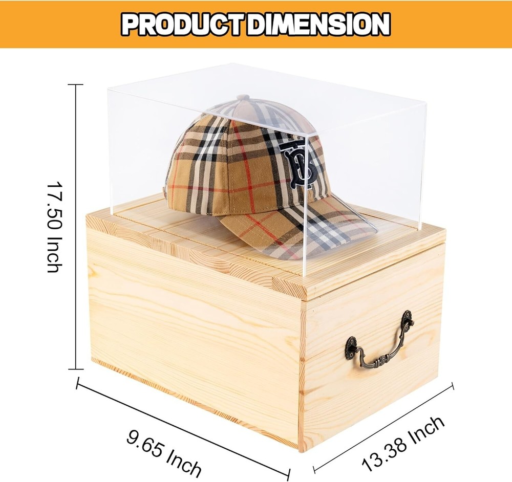 Clear Hat Display Case, Storage Wood Base