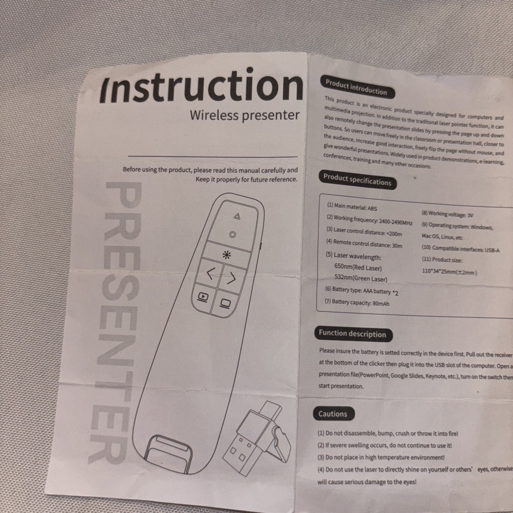 Wireless Presenter Red Laser USB & USB-C Compatible - Tested & Works