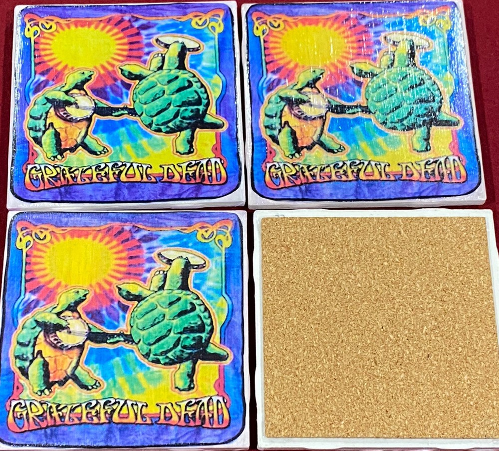 Set of 4 Grateful Dead Ceramic Table Handmade Cork Back Coasters.