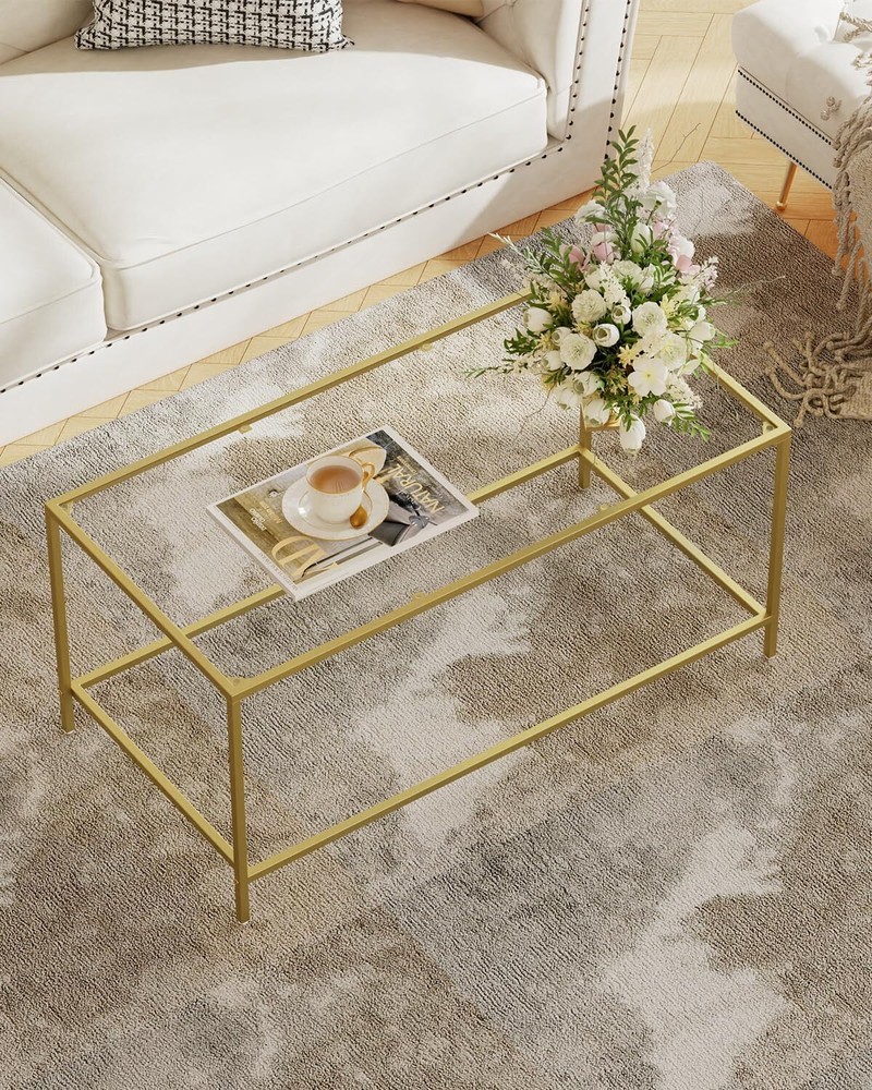 Glass coffee table, modern rectangular gold coffee table for living room