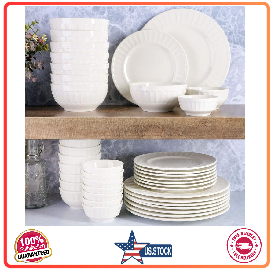 Zen Buffet Porcelain Dinnerware Set, Service for 8 (40pcs), White (Embossed)