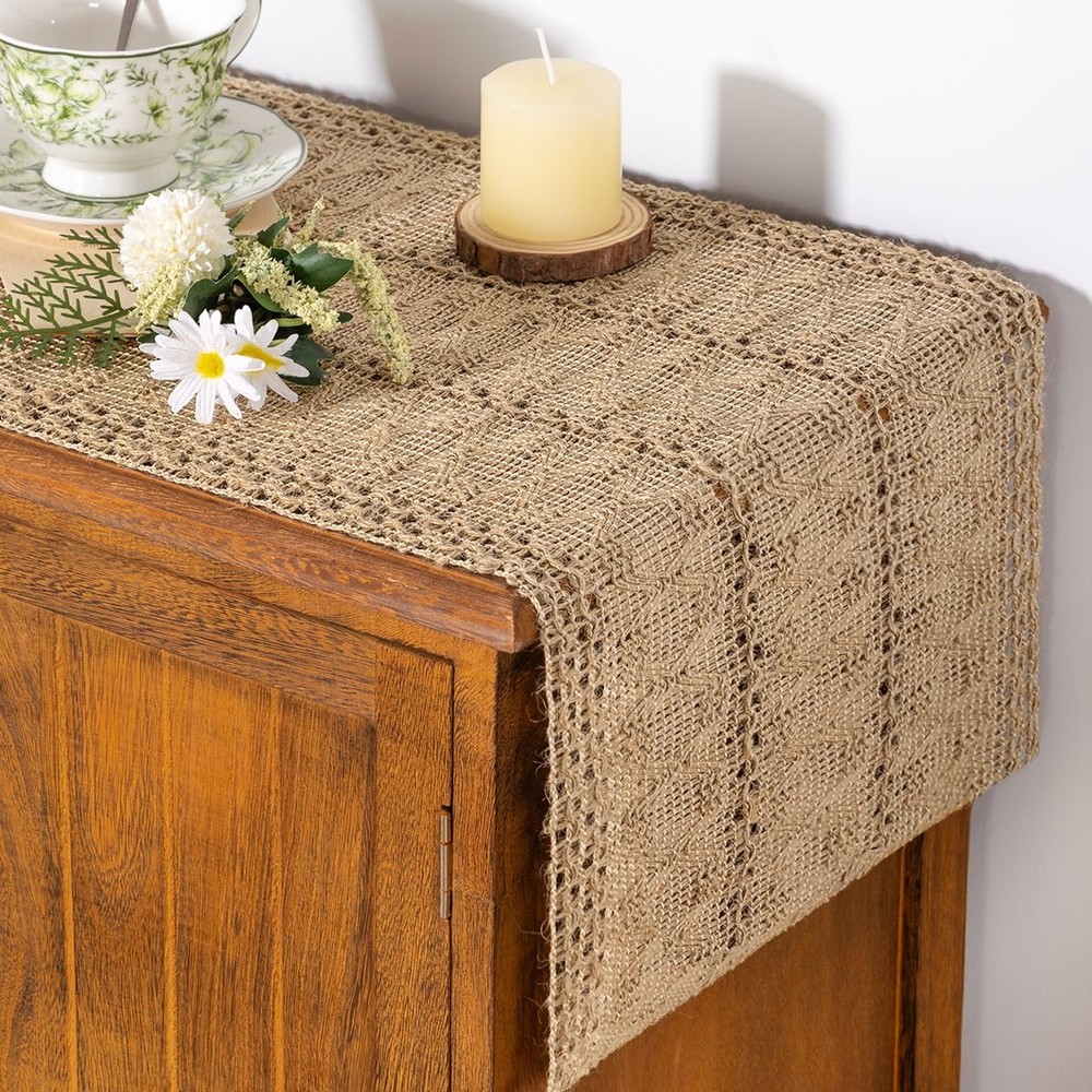 Boho Table Runner Summer Farmhouse Burlap Jute Bamboo Rustic Dining Kitchen C...