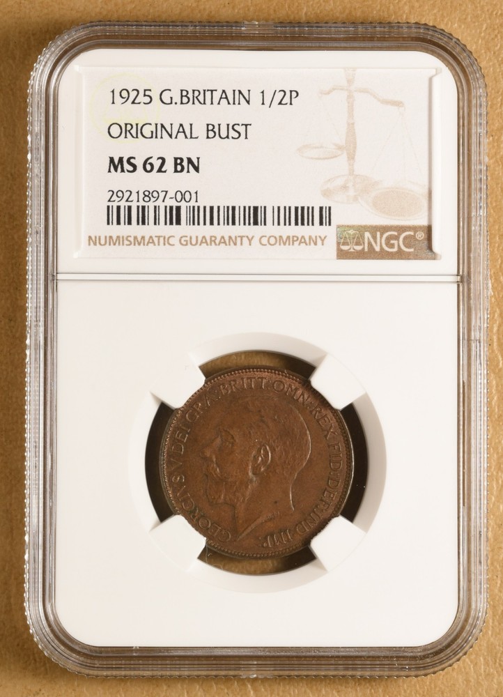 1925 Great Britain Half Penny 'Original Bust' NGC MS62BN