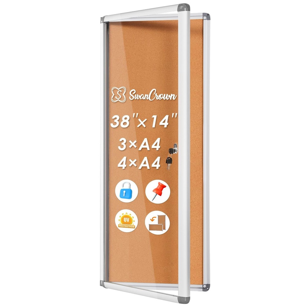 SWANCROWN Locking Bulletin Board Tamper-Proof Notice Board Cork Display Case ...