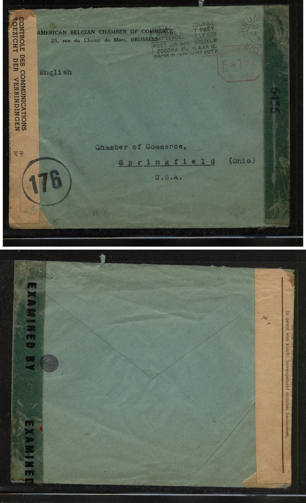 Belgium  double censor  meter cover to  US         MS0306