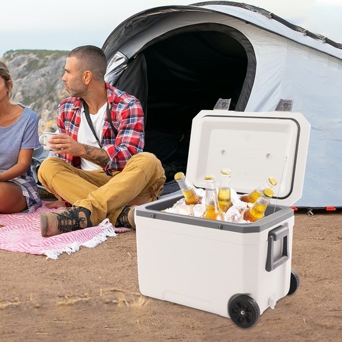 45L Wheeled Insulated Cooler Box with Pull Handle for Camping Picnic Beach