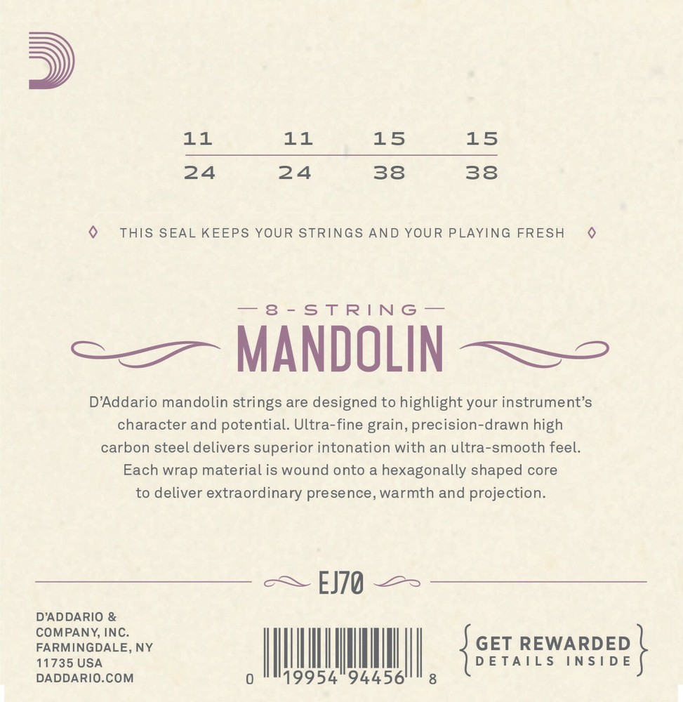 D'Addario EJ70 Mandolin Strings Phosphor Bronze Ball End Medium Light 11-38