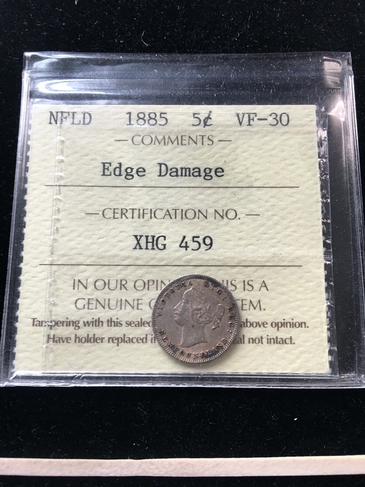 1885  ICCS Graded Newfoundland,  ¢5 Cent, **VF-30 Edge Damage**