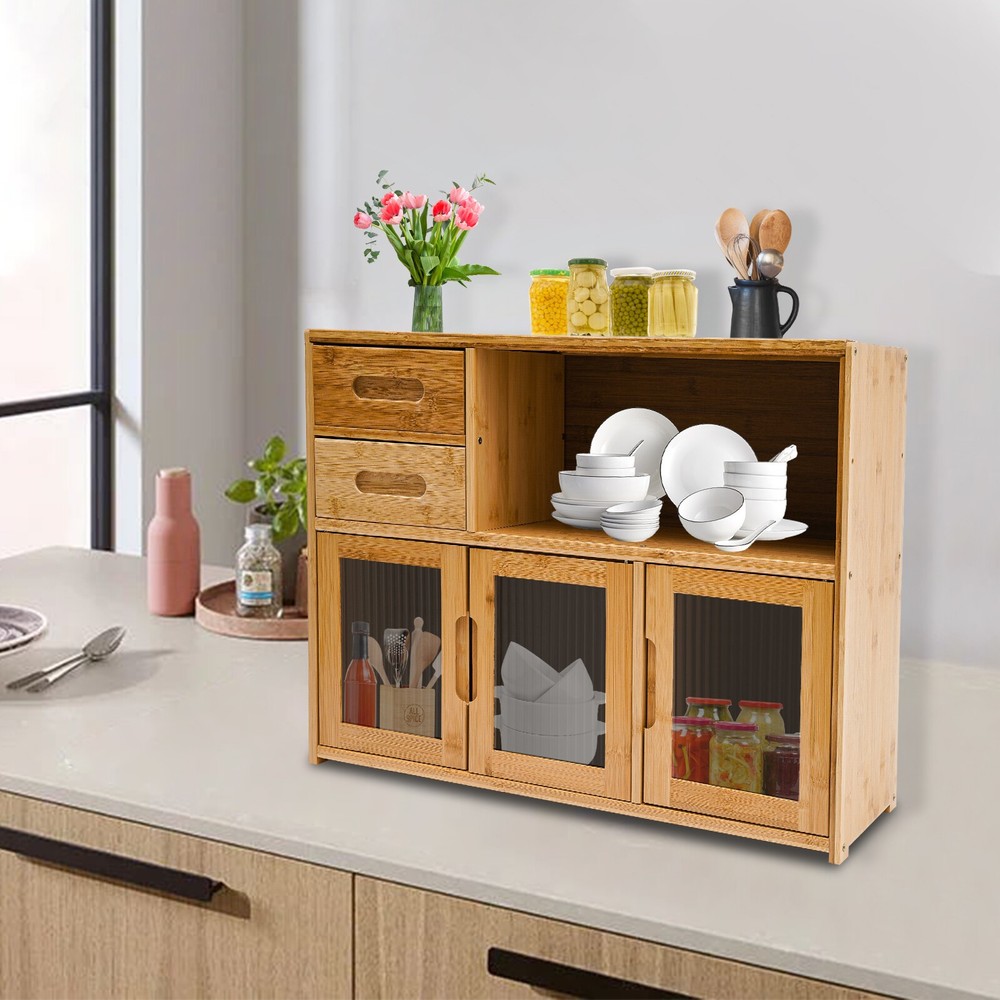 Bamboo Kitchen Storage Cabinet Sideboard Buffet Pantry with Doors Drawer Shelves