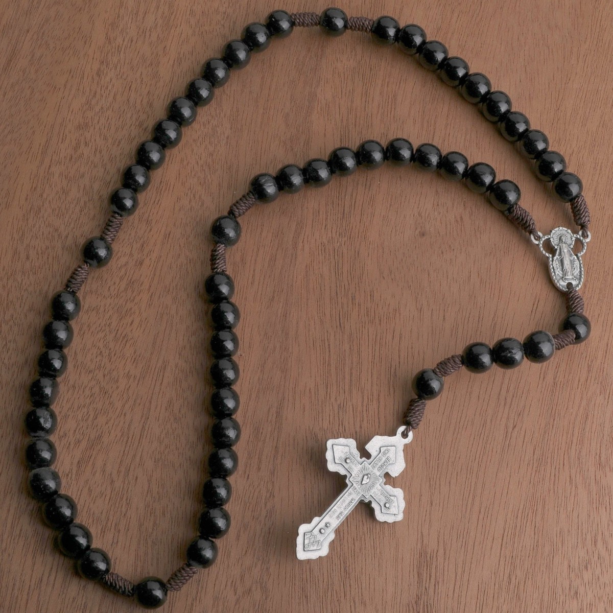 Catholic Rosary Beads Wood Strong Cord Miraculous Center Men Women Black 17.5"