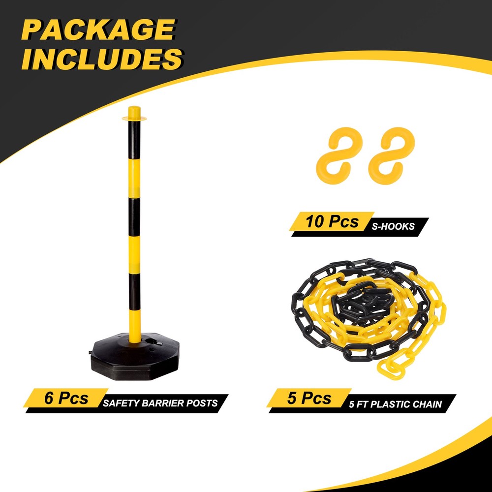 6Pcs Traffic Delineator Post Fillable Base 5ft Plastic Chain Black/Yellow