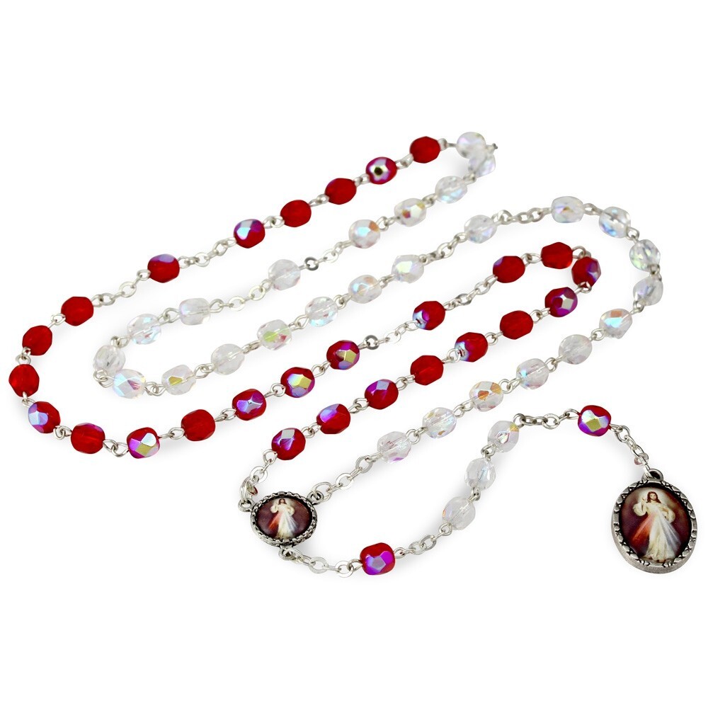NEW MADE IN ITALY DIVINE MERCY ROSARY CHAPLET UNIQUE RED & CLEAR CRYSTAL BEADS