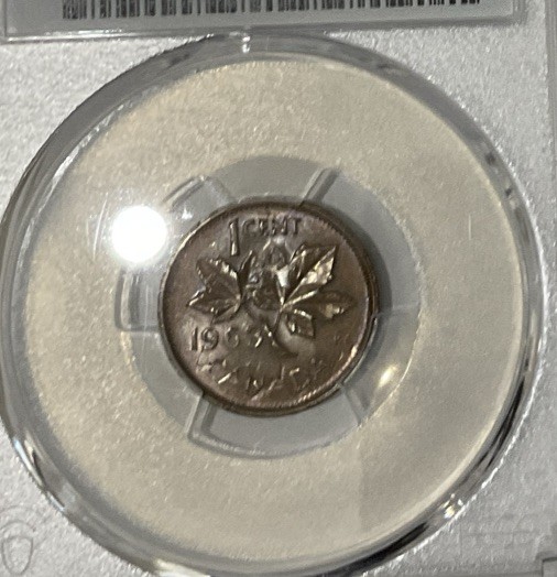 1963 Canada 1 Cent ERROR rotated double struck in collar PCGS MS63BN