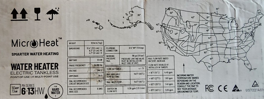 Micro-Heat Electric Tankless Water Heater - MH Series 6-13HW - 60 Amp 13 KW