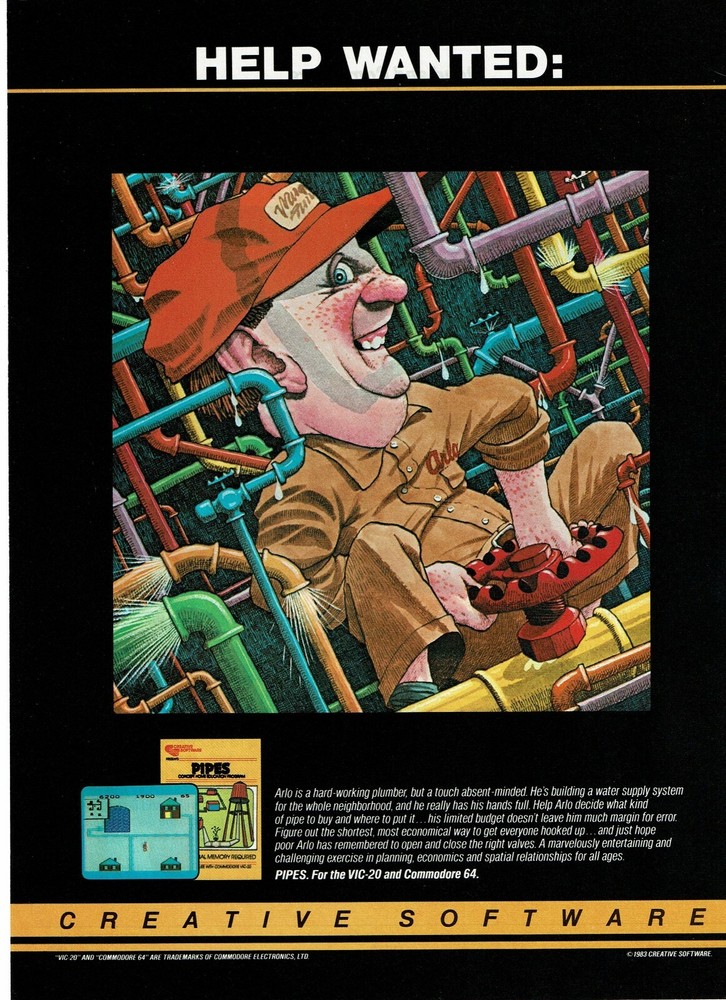 1983 Pipes Creative Software Vintage PRINT AD computer game plumber help wanted