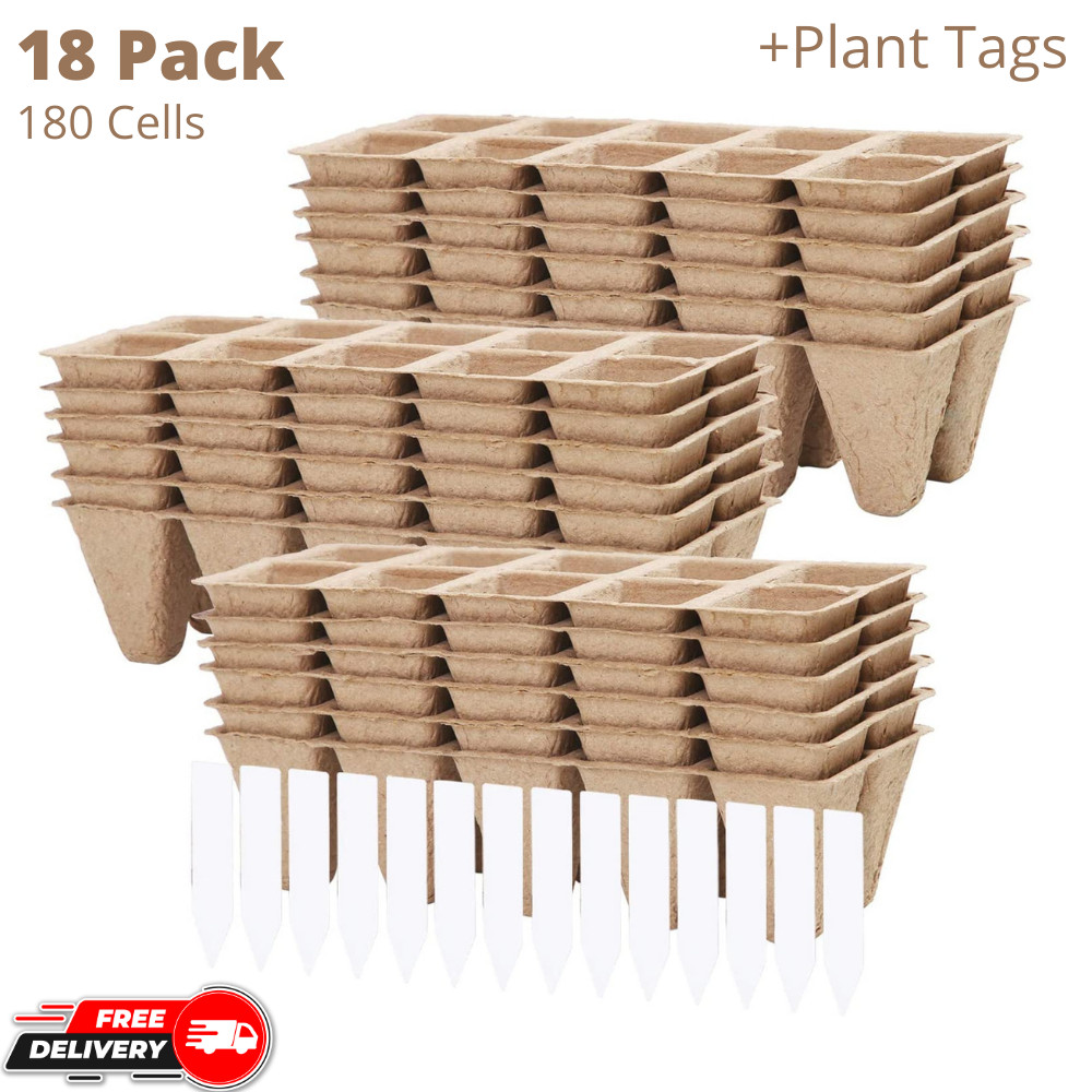 18 Pack Seed Starter Tray Kit, 180 Cells Biodegradable Seedling Pots Peat