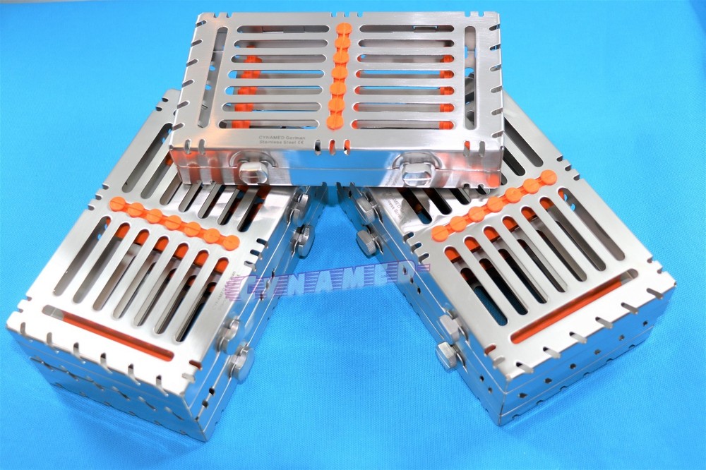 5EA GERMAN DETACHABLE STERILIZATION TRAYS WITH DOUBLE BUTTON FOR 7 INSTRUMENTS