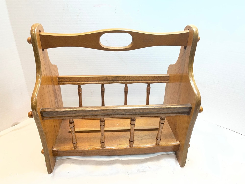 Vintage Solid Wood Magazine Rack Holder Stand Newspaper Record Spindle 17"