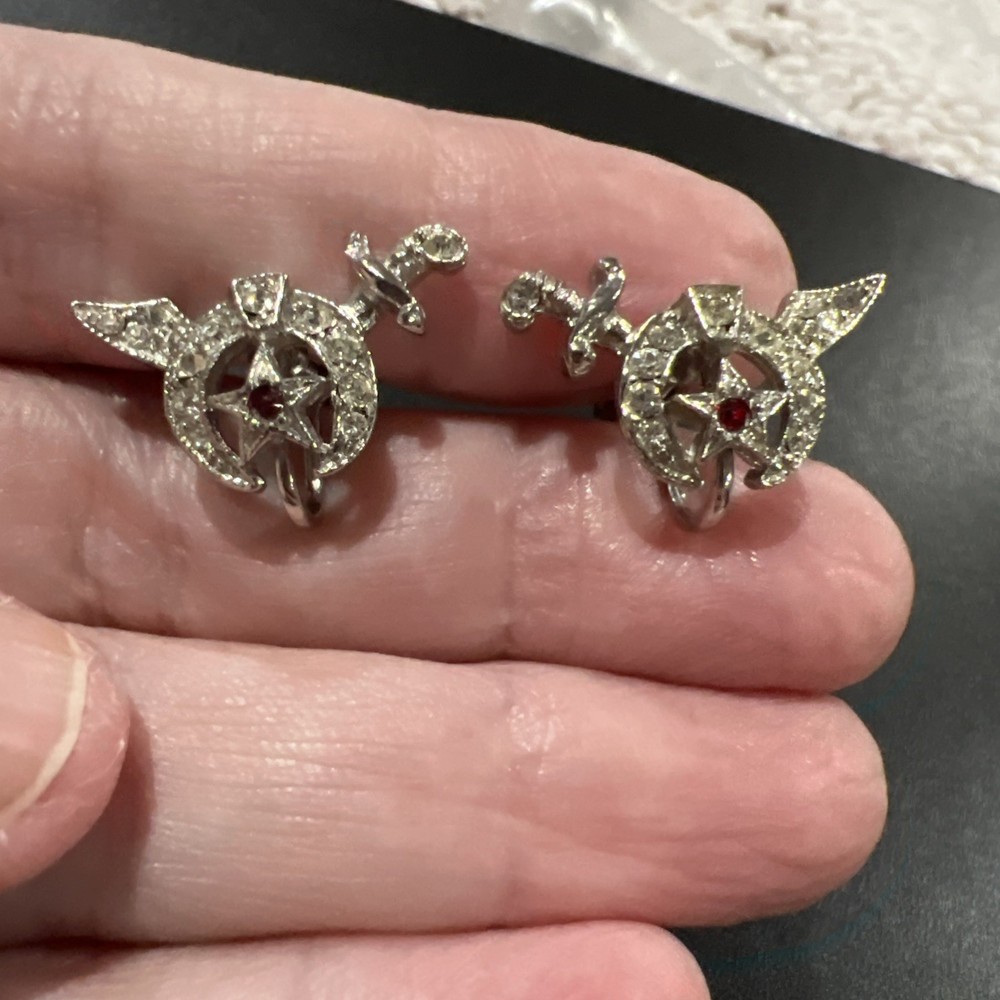Masonic Shriner Screwback Earrings Rhinestones