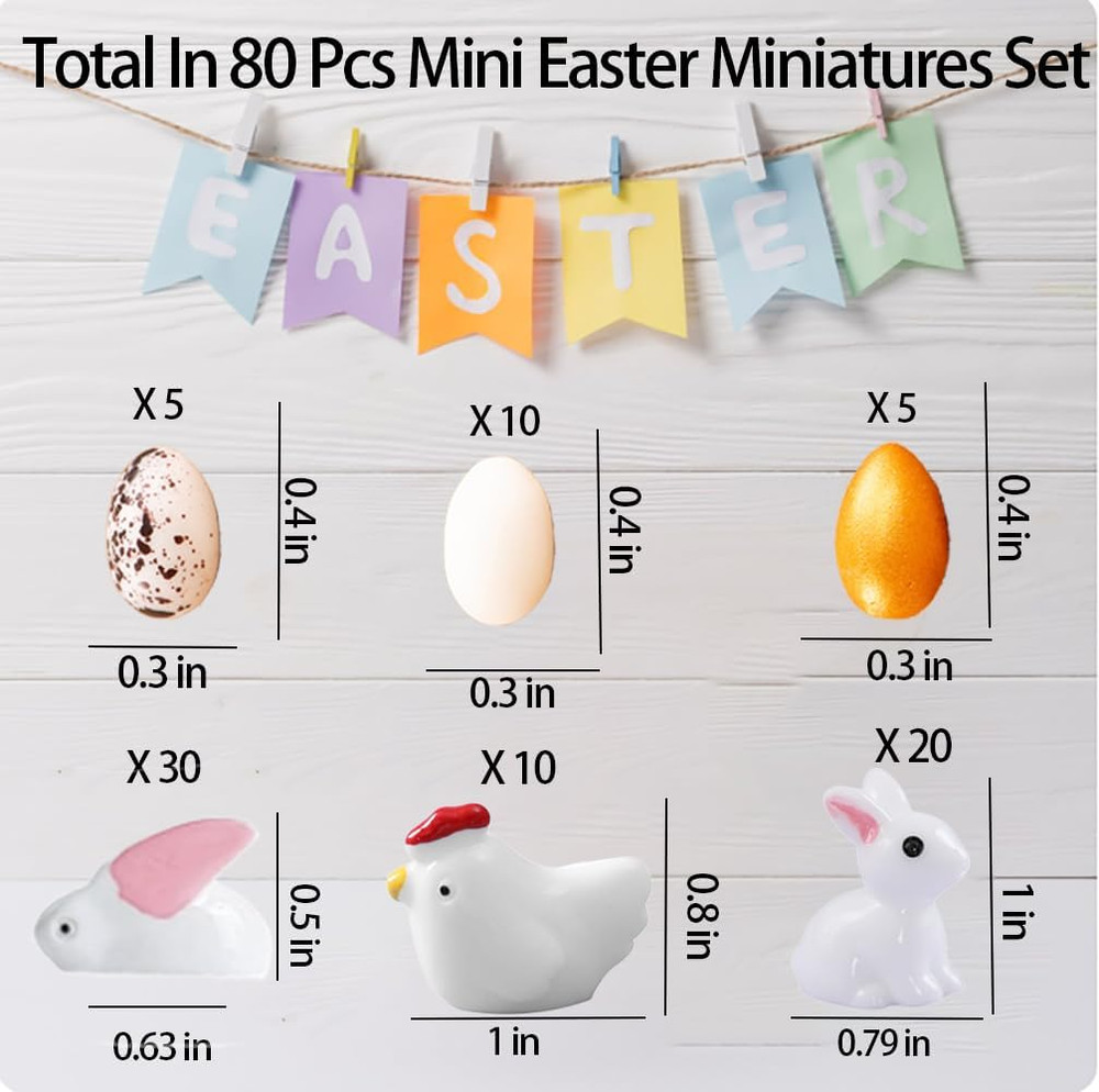 80Pcs Miniature Easter Figurines - Rabbits, Chickens & Eggs for Decor