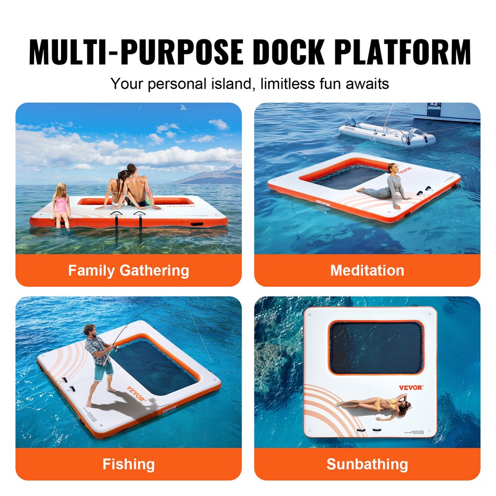 VEVOR Inflatable Floating Dock 10x10FT Water Dock Platform with 4*7FT Mesh Pool
